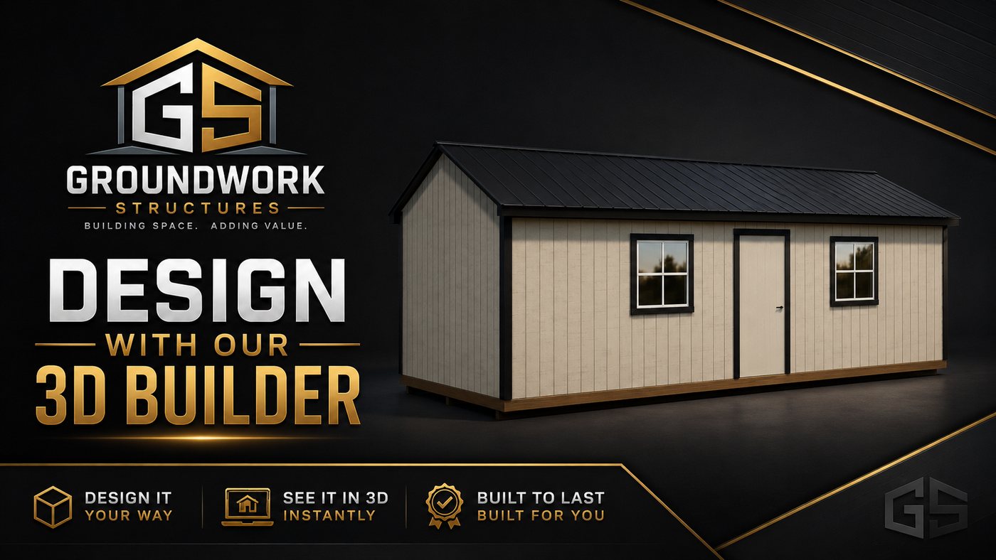 Design with our Groundwork Structures 3D builder — a custom shed with a black metal roof, tan siding and two windows