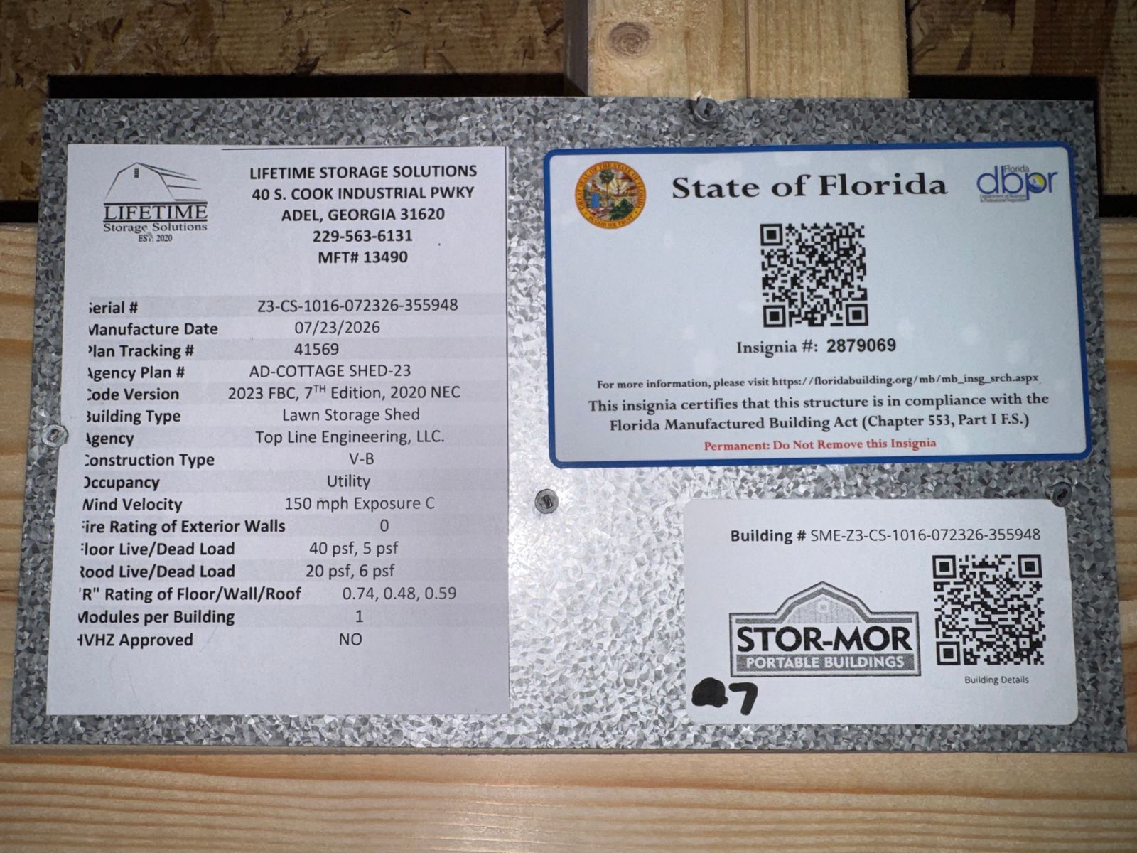 10x16 Stor-Mor Cottage Shed State of Florida insignia and manufacturer data plate