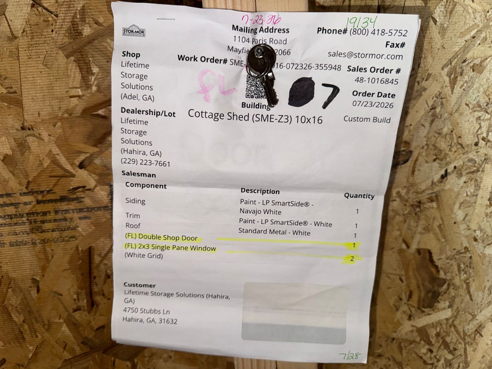 10x16 Stor-Mor Cottage Shed factory work order sheet with keys