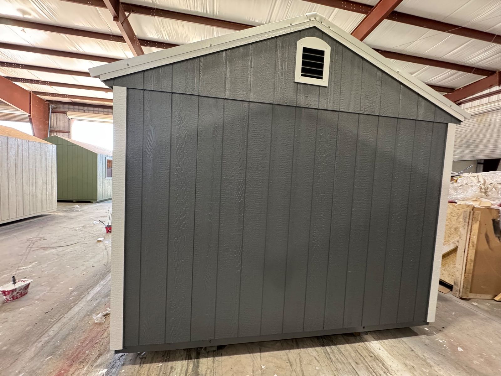 10x16 Stor-Mor Garden Shed in Dark Gray, gable end with vent and white trim