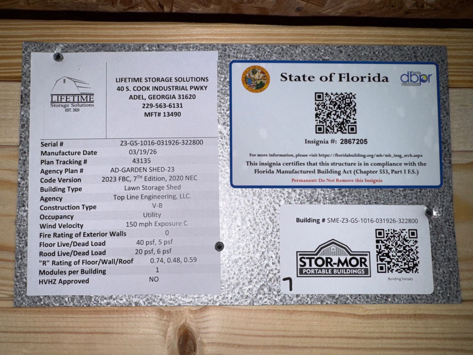 10x16 Stor-Mor Garden Shed State of Florida insignia and manufacturer data plate
