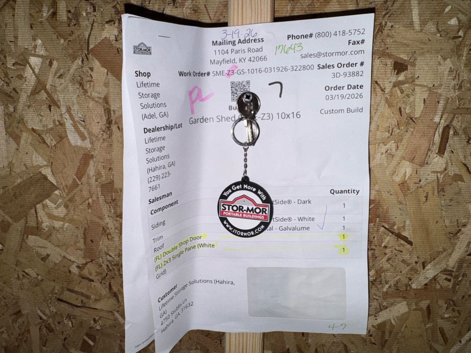 10x16 Stor-Mor Garden Shed factory work order sheet with keys
