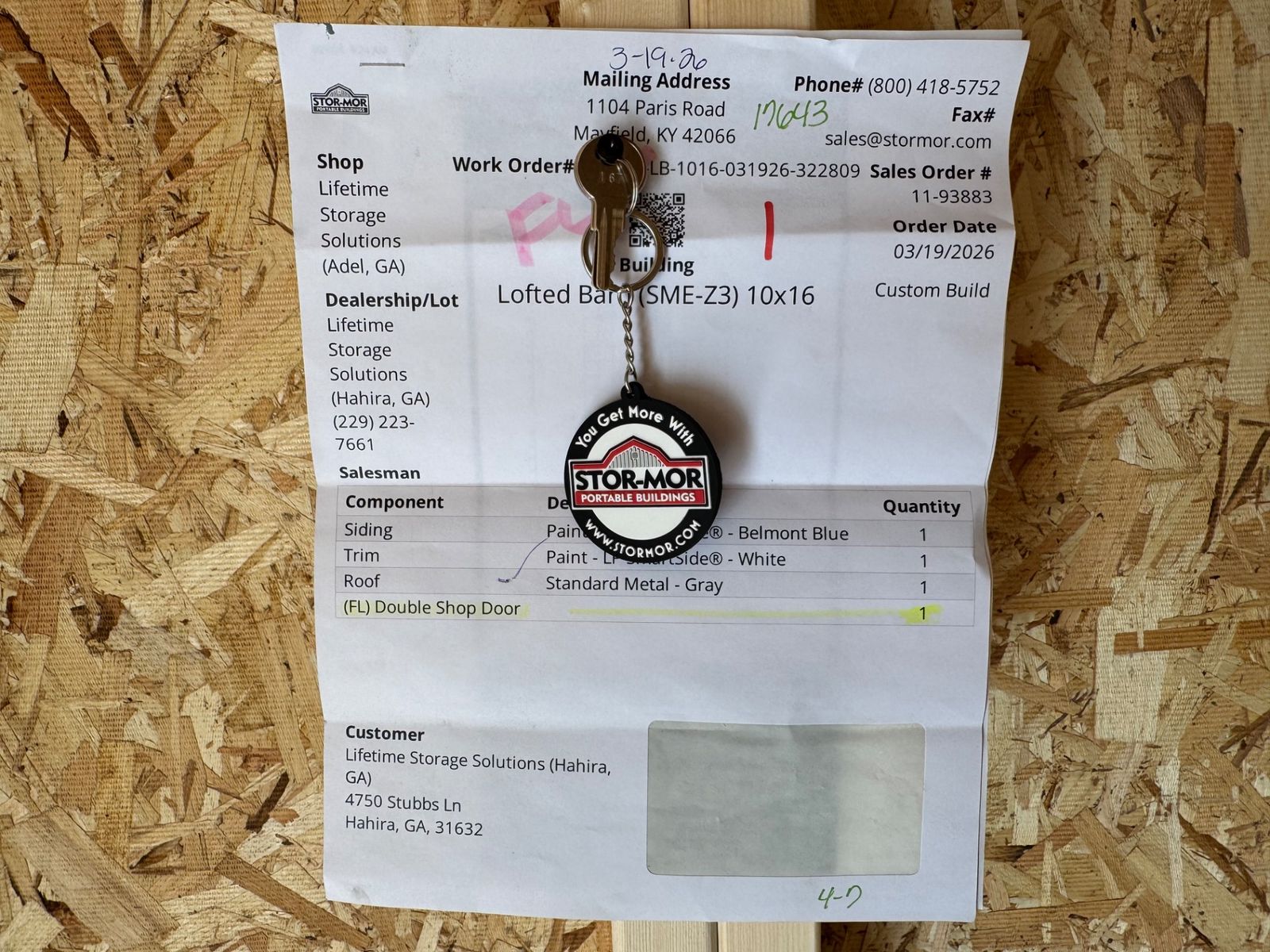 Factory work order sheet for the 10x16 Belmont Blue Lofted Barn listing siding, trim, roof and double shop door