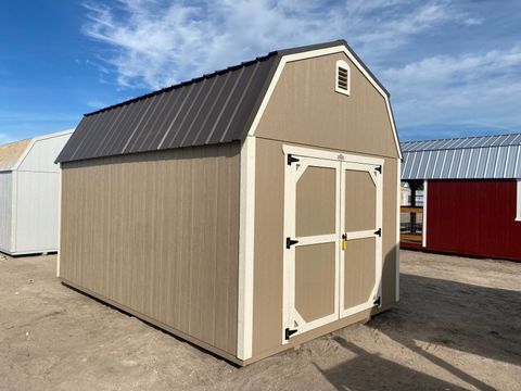 10x16 Stor-Mor Lofted Barn in Buckskin with Navajo White trim, double shop doors and a Burnished Slate gambrel roof