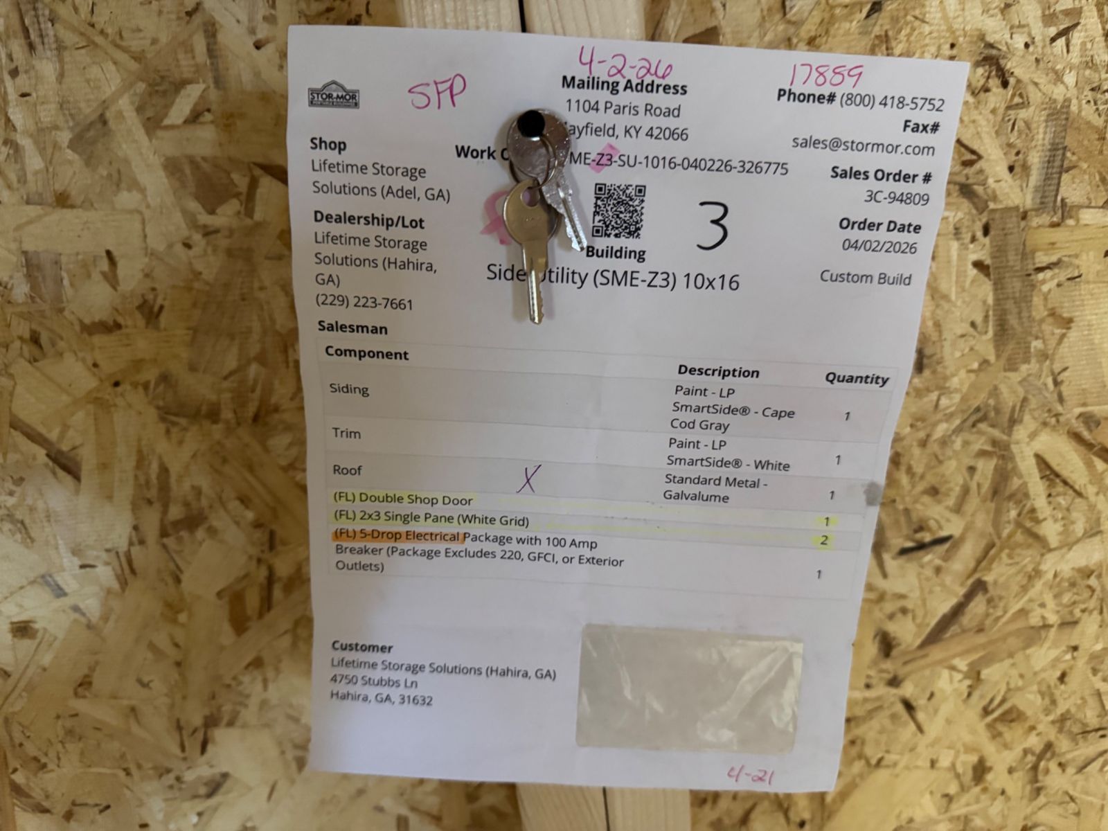 Factory work order sheet for the 10x16 Cape Cod Gray Side Utility with keys attached