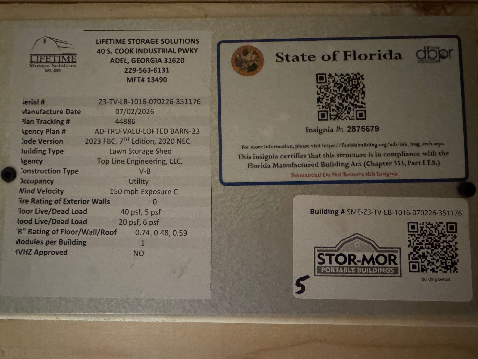 10x16 Stor-Mor Tru-Valu Lofted Barn State of Florida insignia and manufacturer data plate