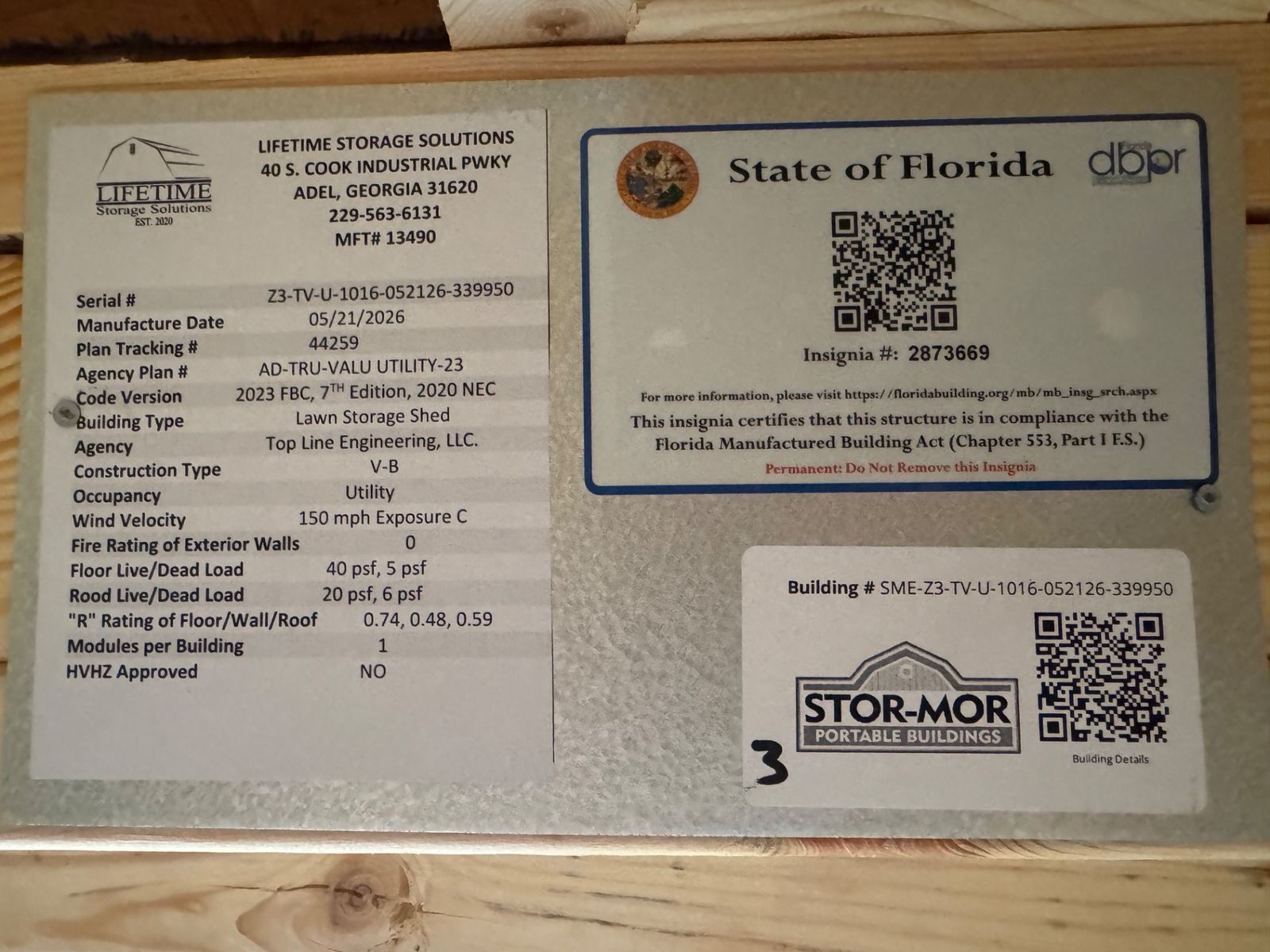 10x16 Stor-Mor Tru-Valu Utility State of Florida insignia and manufacturer data plate