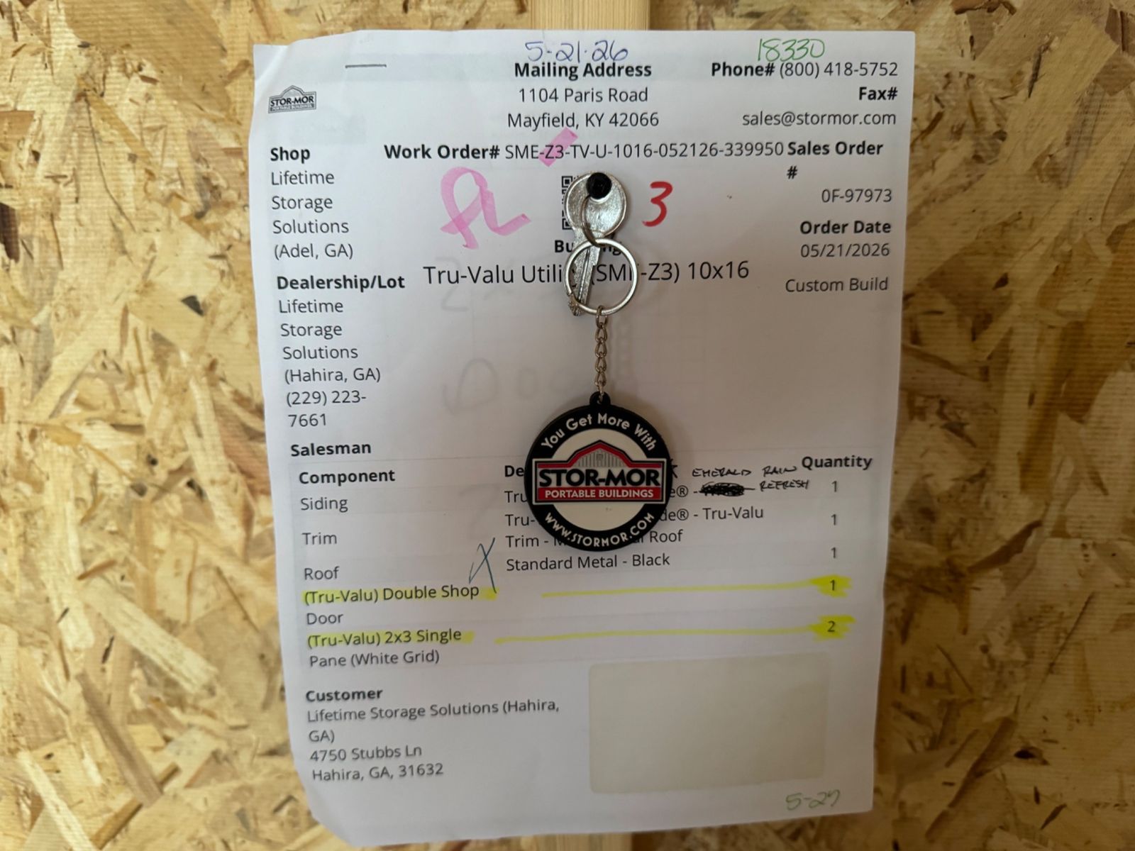 10x16 Stor-Mor Tru-Valu Utility factory work order sheet with keys