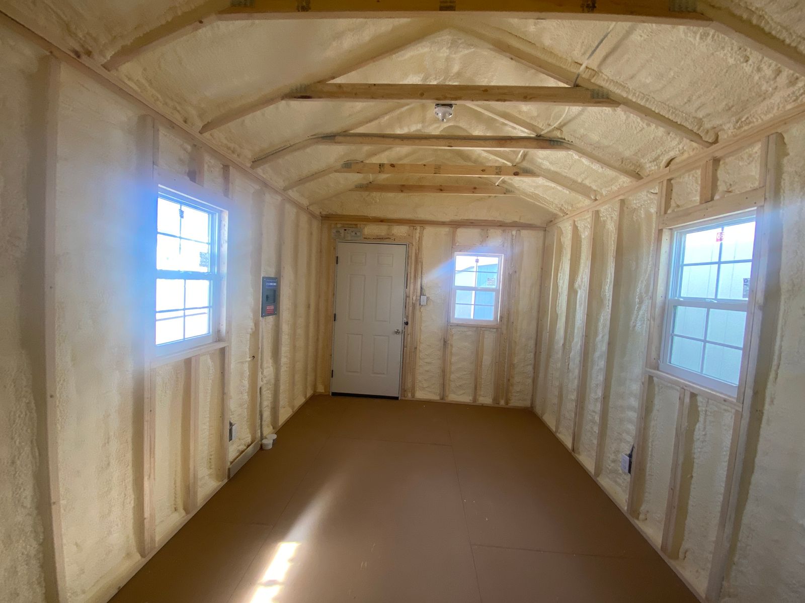 10x20 Cape Cod Gray Stor-Mor cabin interior with closed-cell foam insulation on walls and ceiling