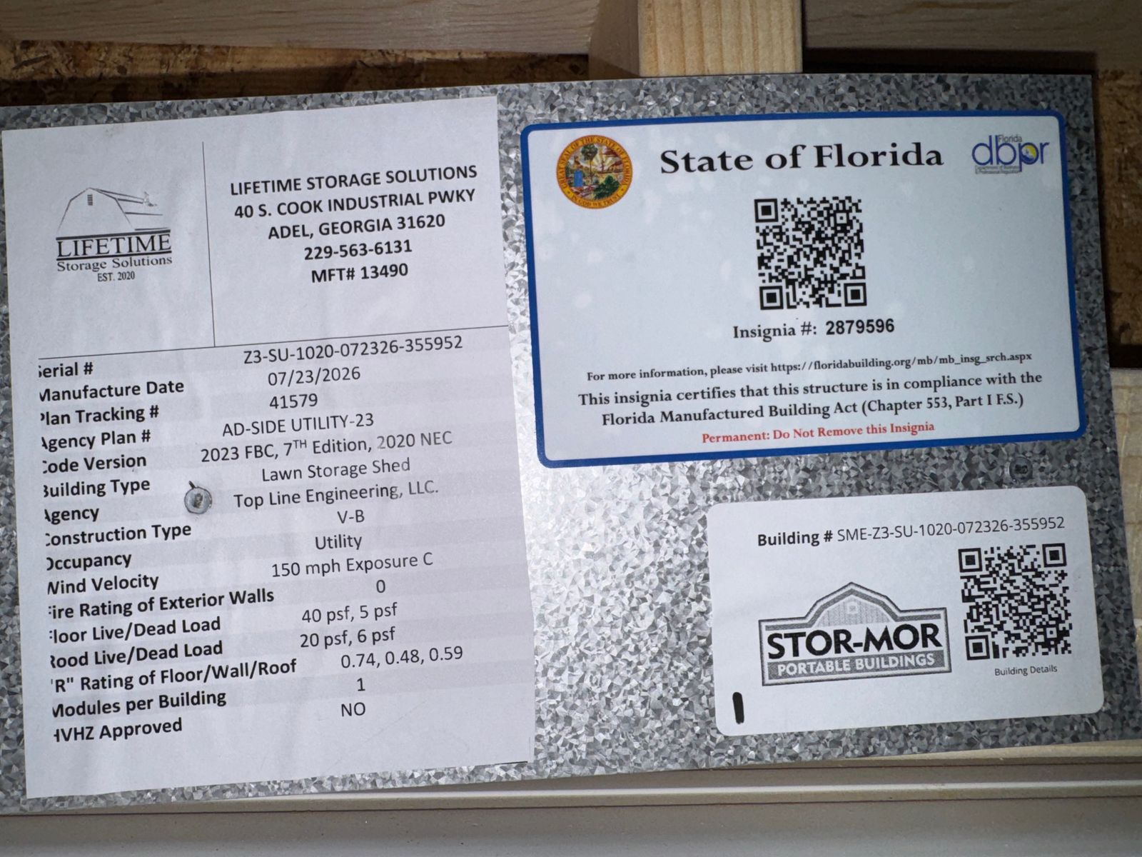 10x20 backyard office State of Florida insignia and Stor-Mor building data plate