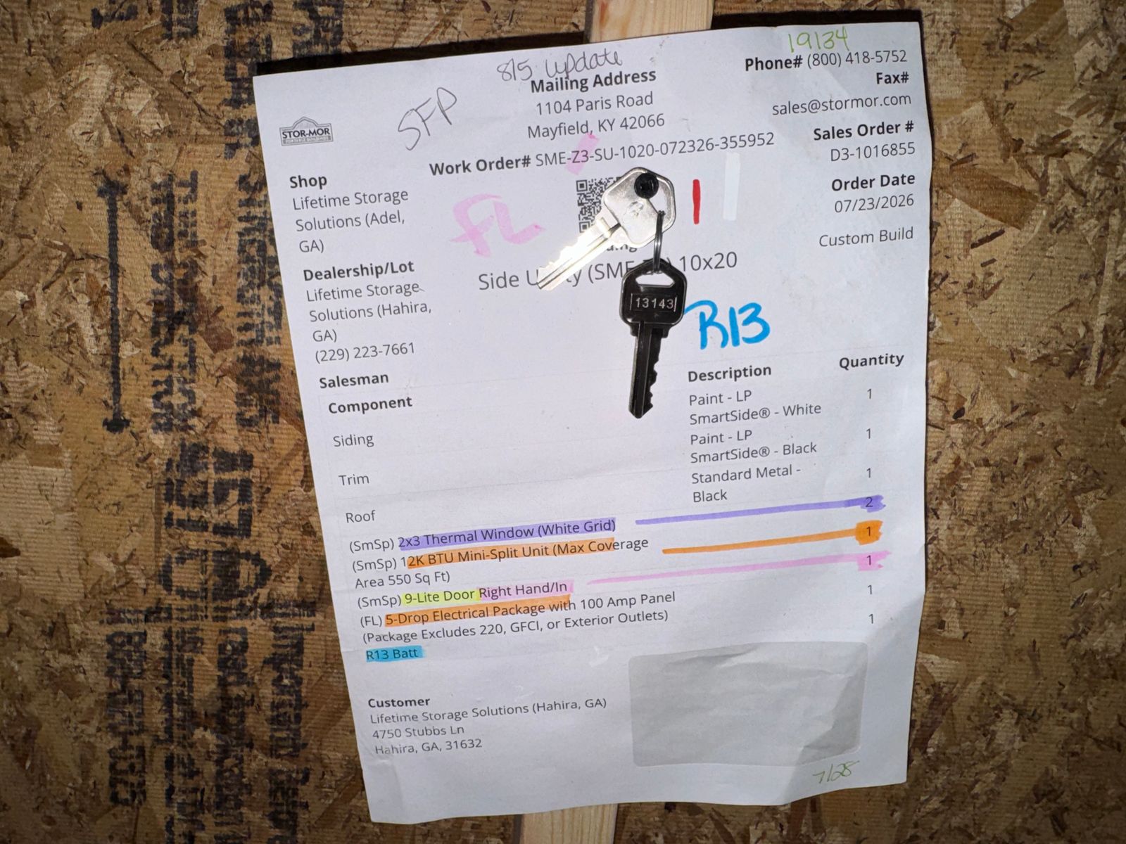 10x20 backyard office factory work order sheet with keys attached