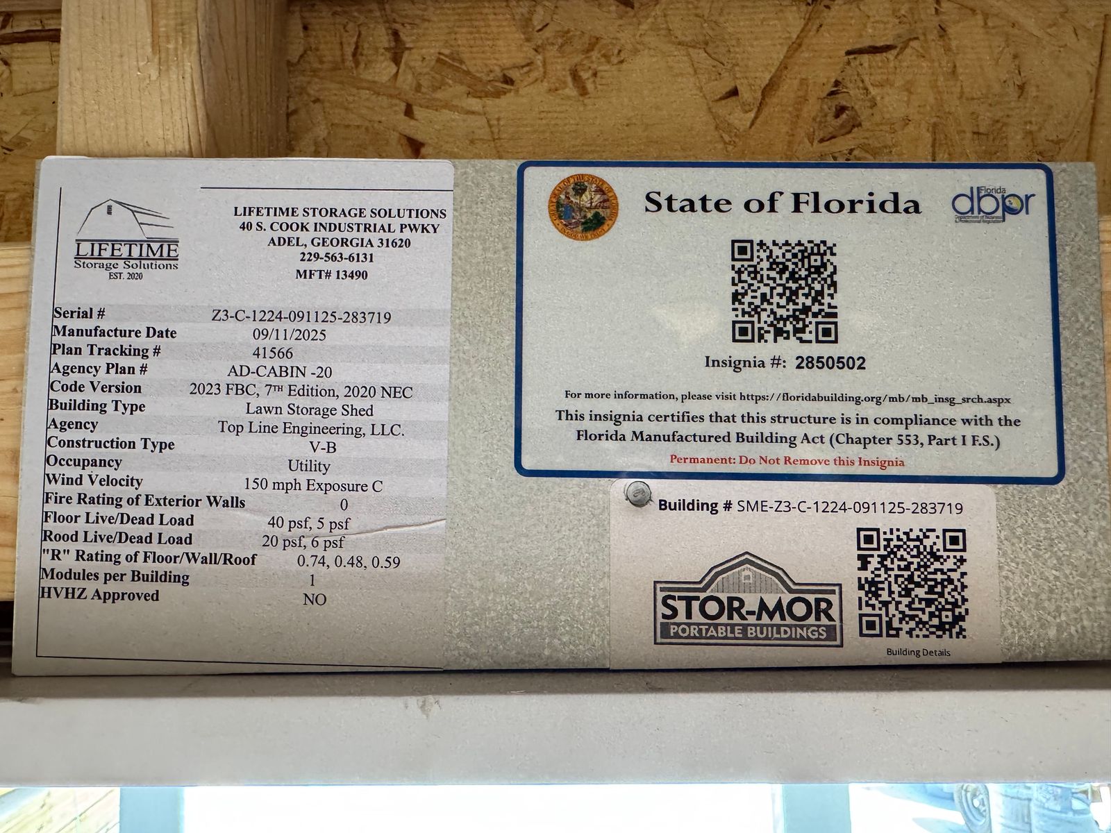12x24 New Holland Beige Stor-Mor cabin State of Florida insignia and data plate