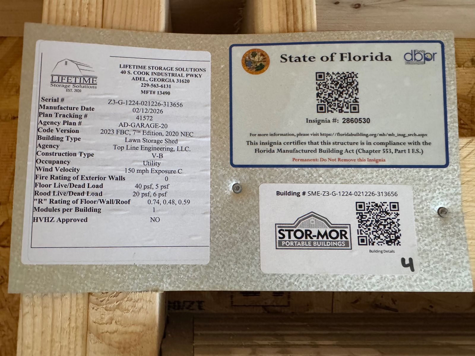 12x24 Stor-Mor garage State of Florida insignia and building data plate