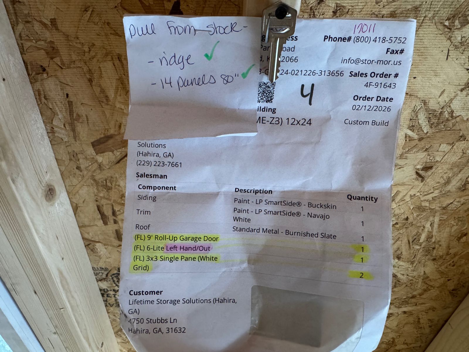 12x24 Stor-Mor garage factory work order sheet listing Buckskin siding and options, with keys