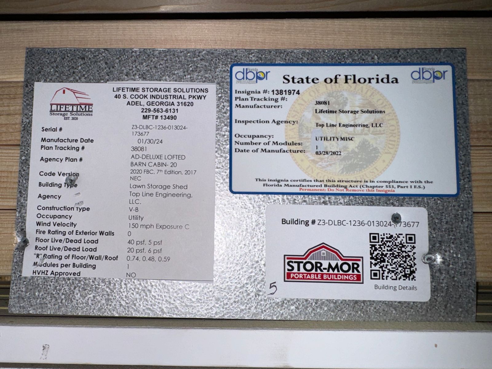 12x36 Stor-Mor Deluxe Lofted Barn Cabin State of Florida insignia and data plate