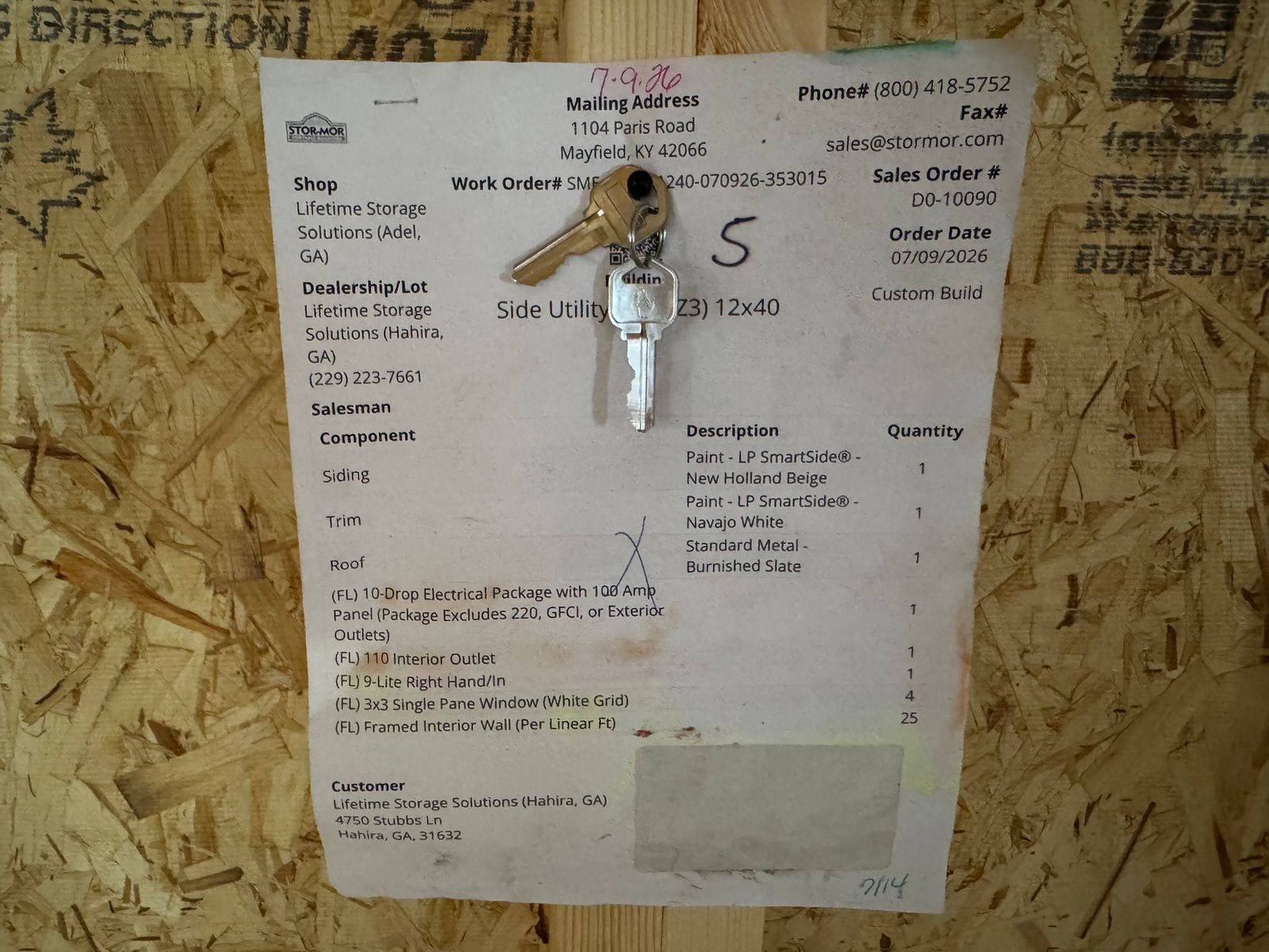 12x40 New Holland Beige Stor-Mor Side Utility factory work order sheet with keys