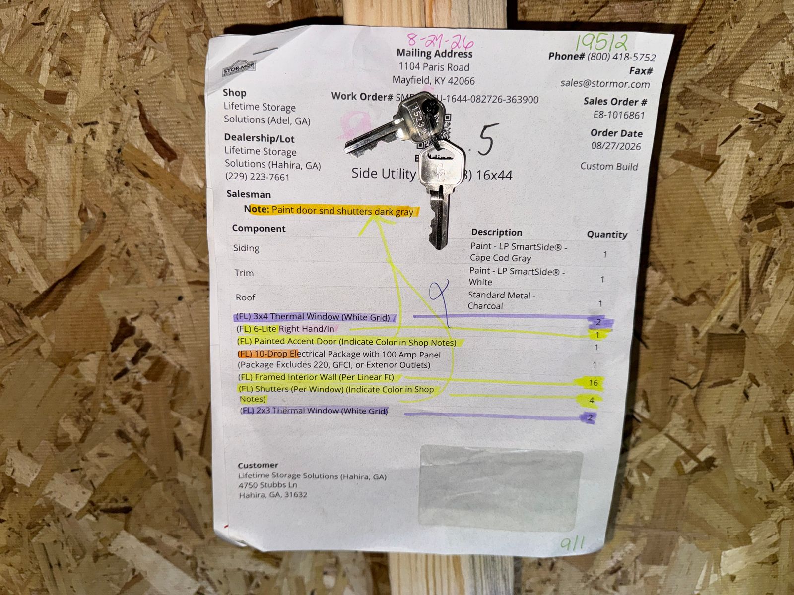16x44 Stor-Mor Side Utility workshop factory work order sheet with keys attached
