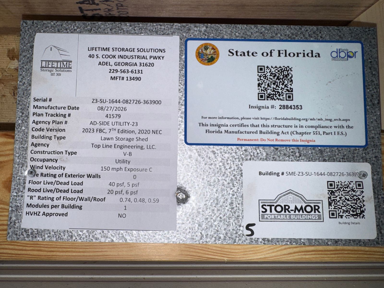 16x44 Stor-Mor Side Utility workshop State of Florida insignia and data plate