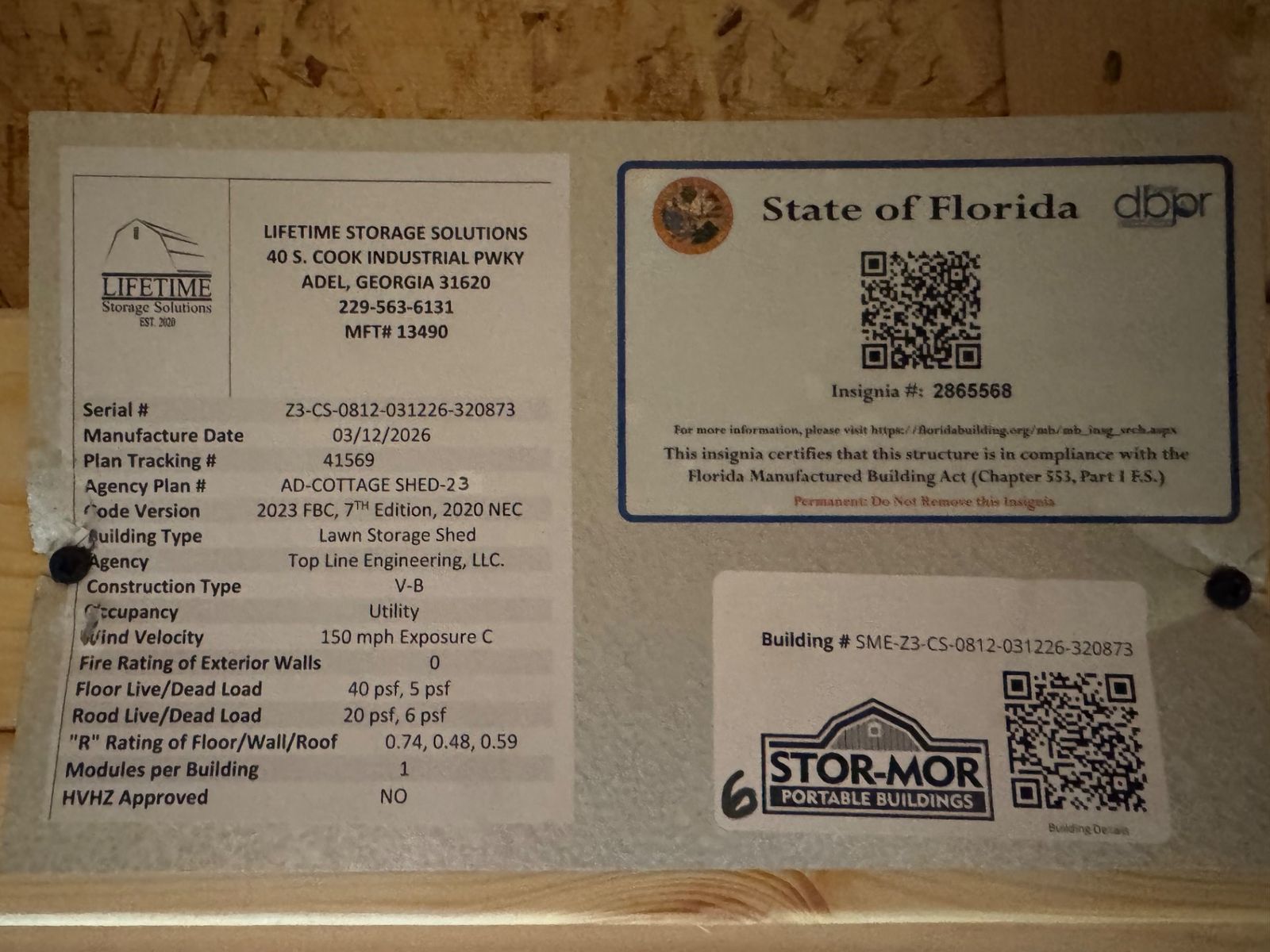 8x12 Stor-Mor Cottage Shed State of Florida insignia and manufacturer data plate