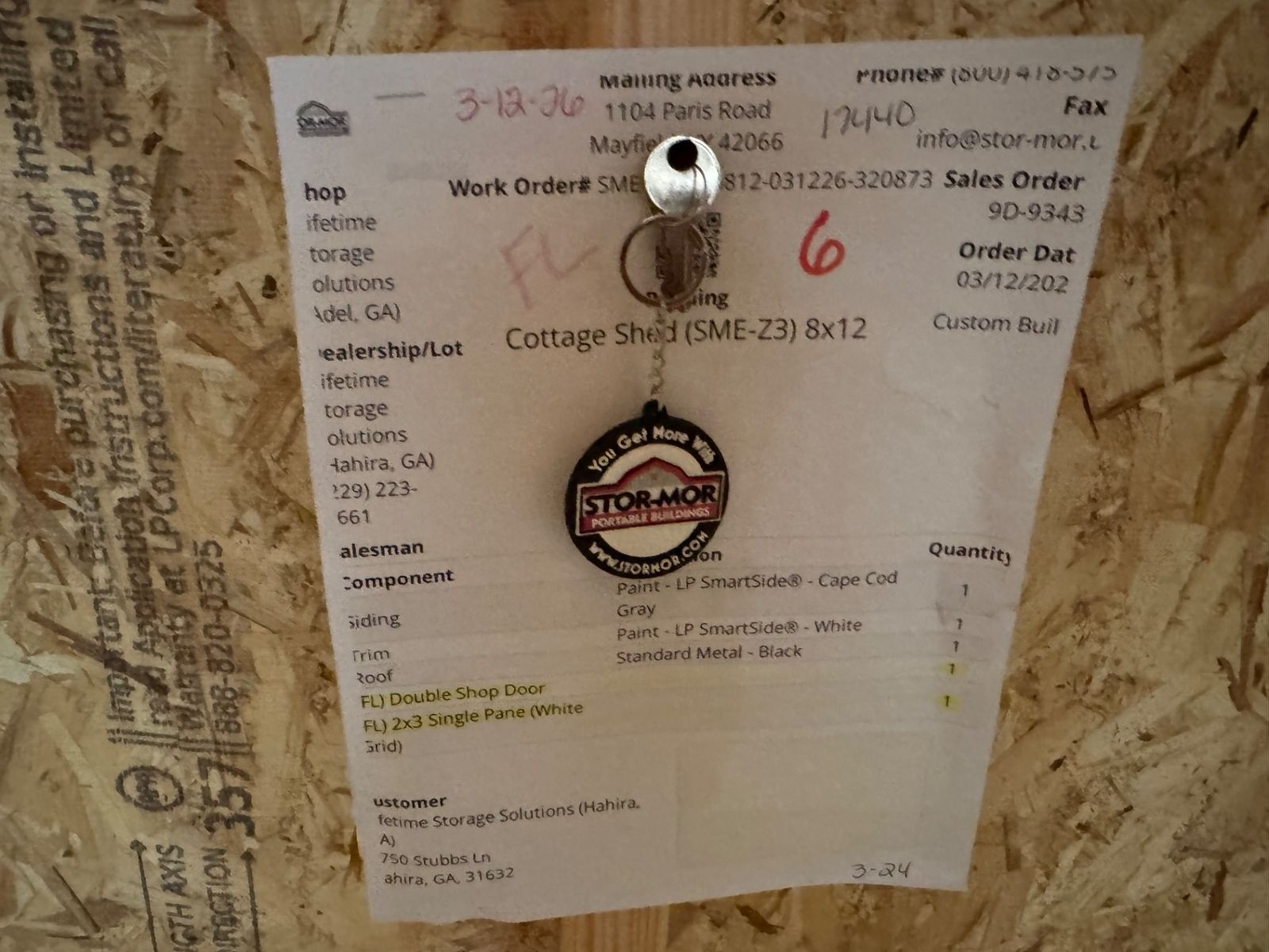 8x12 Stor-Mor Cottage Shed factory work order sheet with keys