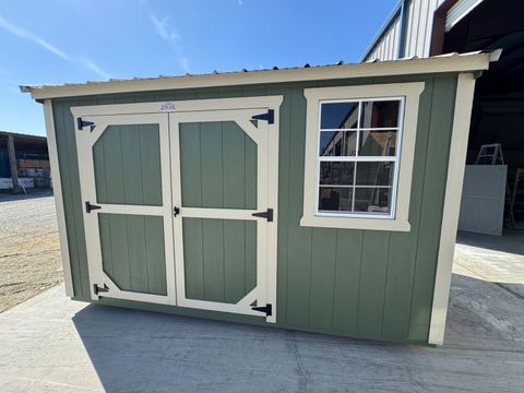 8x12 Stor-Mor Garden Shed in Pequea Green with New Holland Beige trim, double shop doors and a Light Stone metal roof