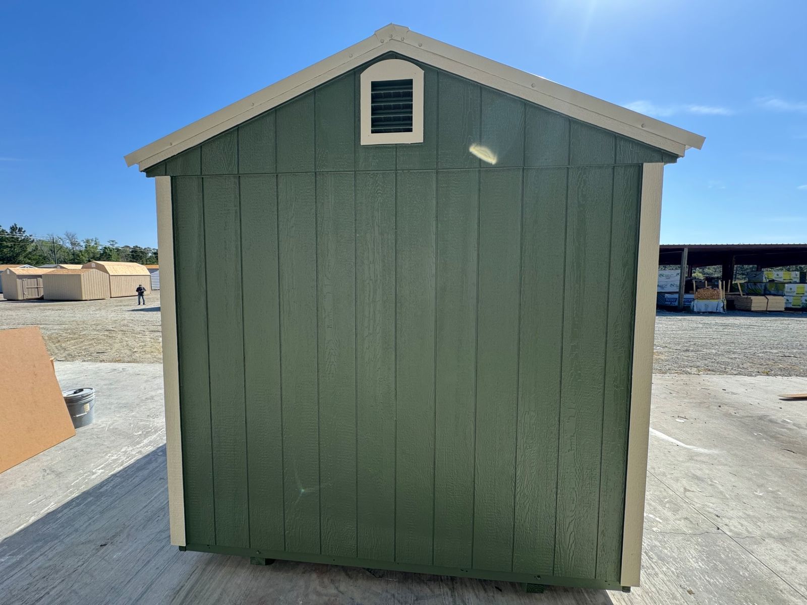 8x12 Stor-Mor Garden Shed in Pequea Green, gable end with vent and New Holland Beige trim