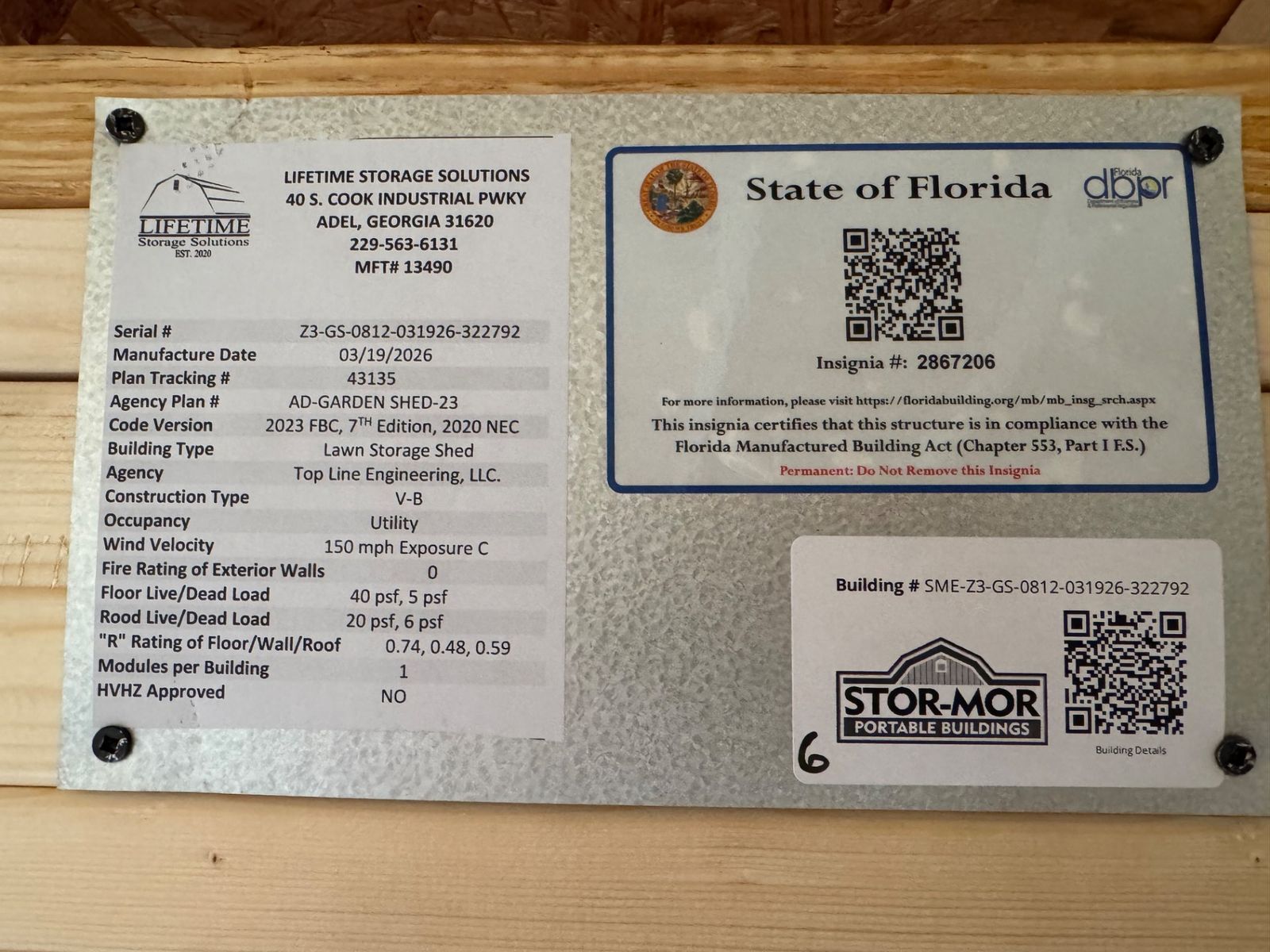 8x12 Stor-Mor Garden Shed State of Florida insignia and manufacturer data plate