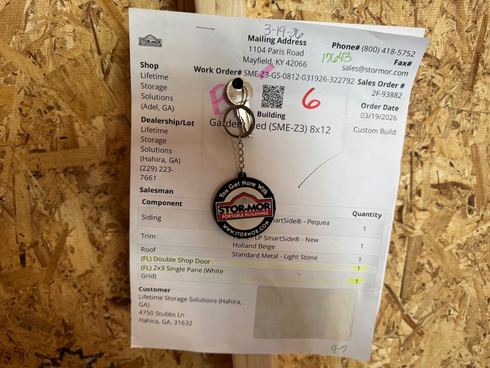 8x12 Stor-Mor Garden Shed factory work order sheet with keys