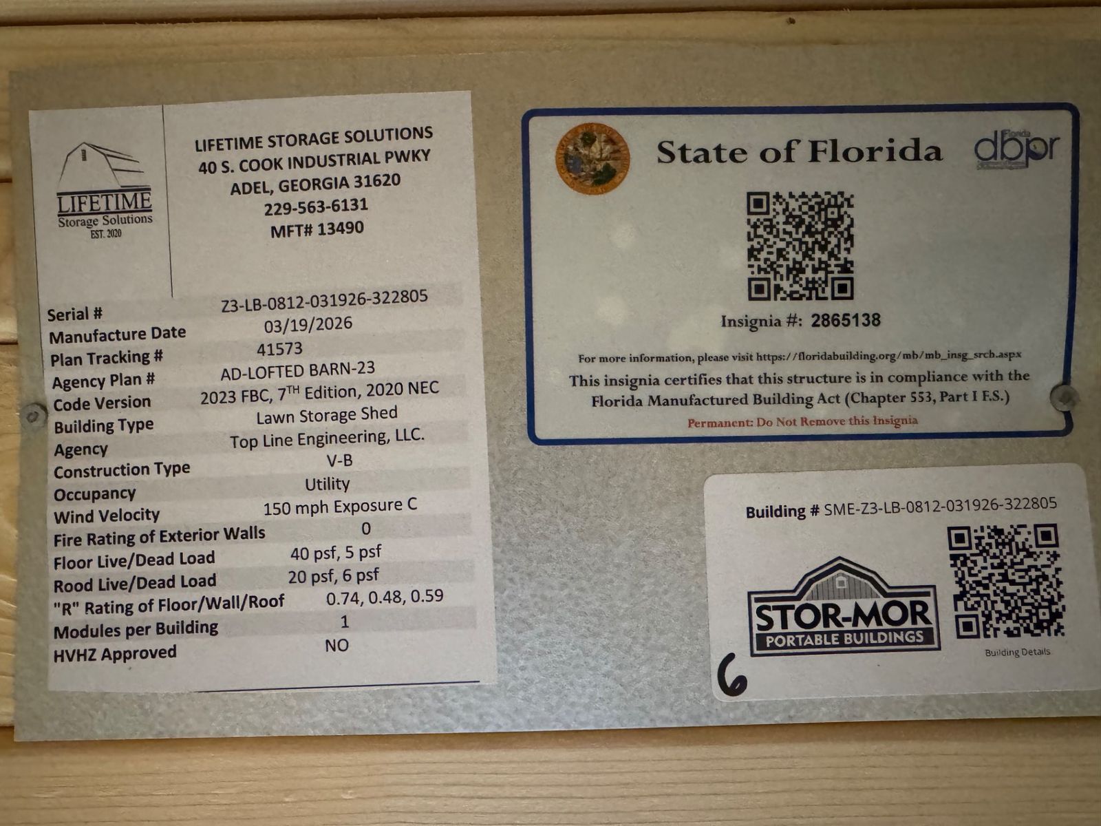 8x12 Stor-Mor Lofted Barn State of Florida insignia and manufacturer data plate