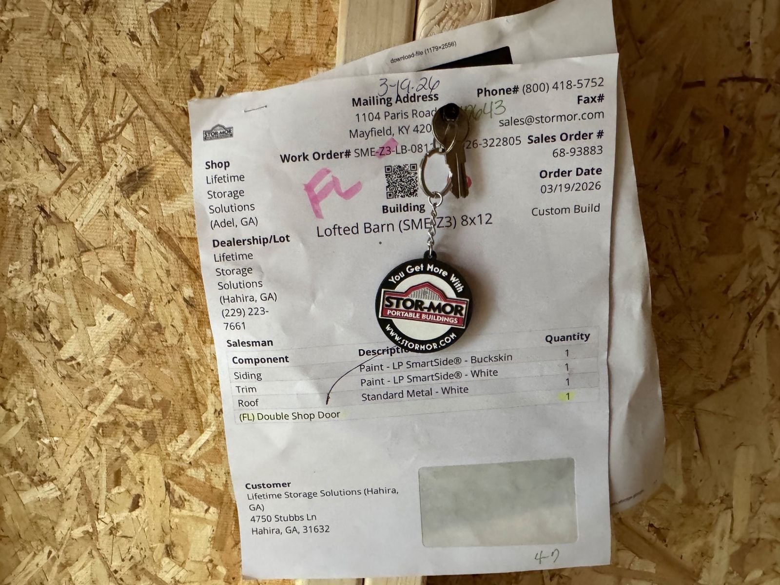 8x12 Stor-Mor Lofted Barn factory work order sheet with keys