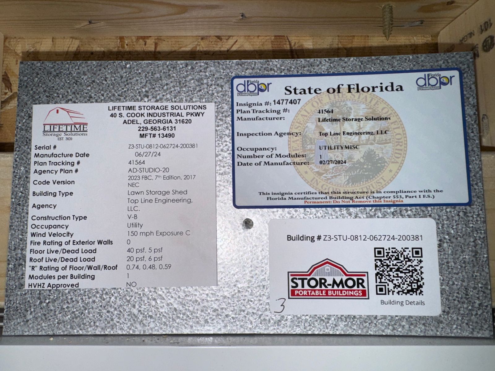 8x12 Buckskin Studio data plate with the State of Florida insignia and QR code