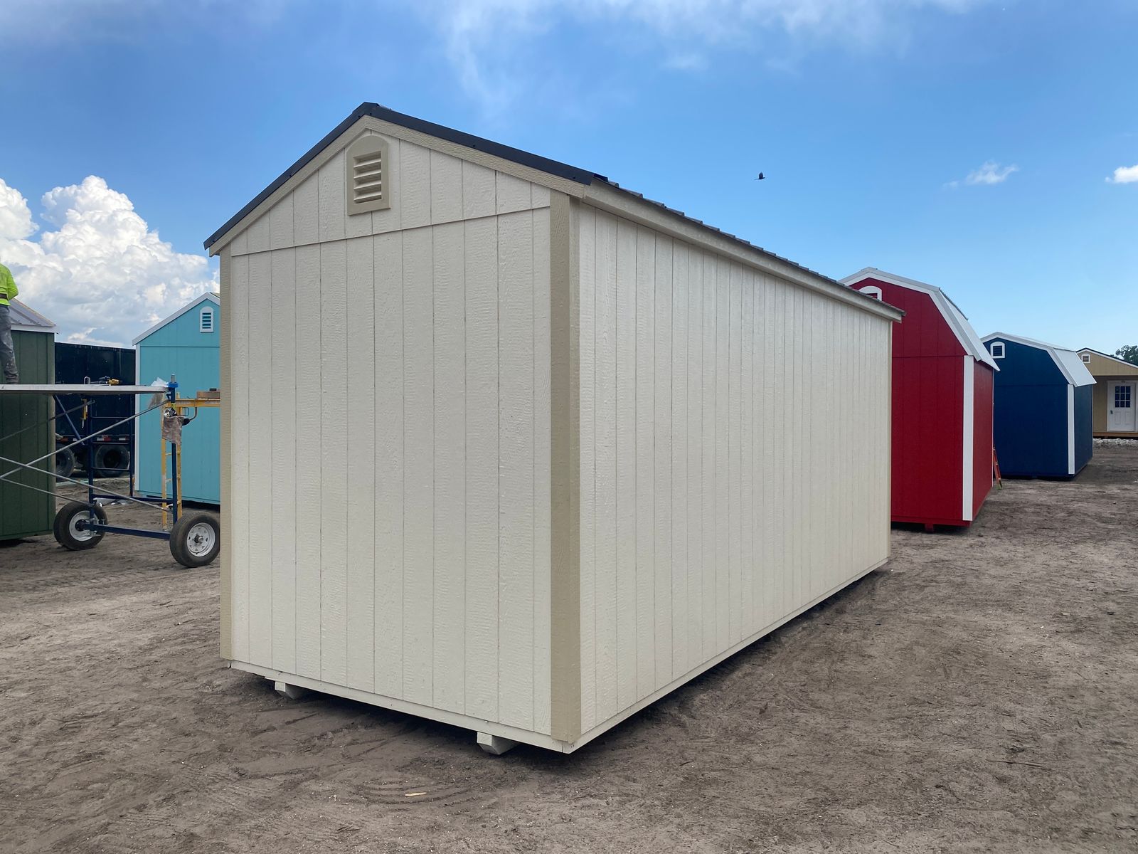 8x20 Stor-Mor Side Utility in Navajo White, rear corner view with gable vent