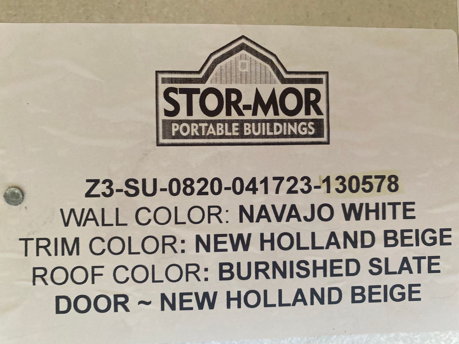 8x20 Stor-Mor Side Utility color label: Navajo White walls, New Holland Beige trim and door