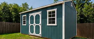 Cottage Shed with monoslope roof and double wooden doors