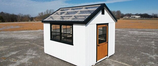 Greenhouse with clear polycarbonate roof panels and single door