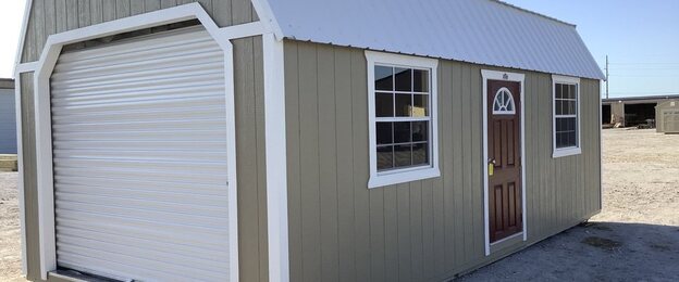 Lofted Garage with gambrel roof and roll-up door