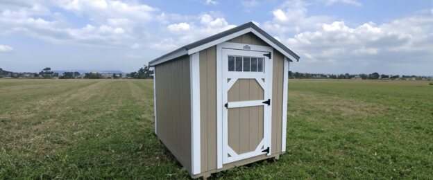 Compact Metro Shed with gable roof and single transom door