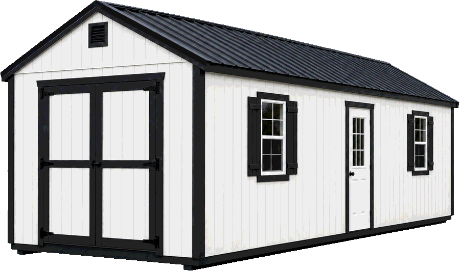 Side Utility shed in white with black trim, sidewall double doors, entry door, and a black metal gable roof