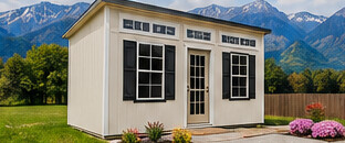 Studio building with monoslope roof and transom windows